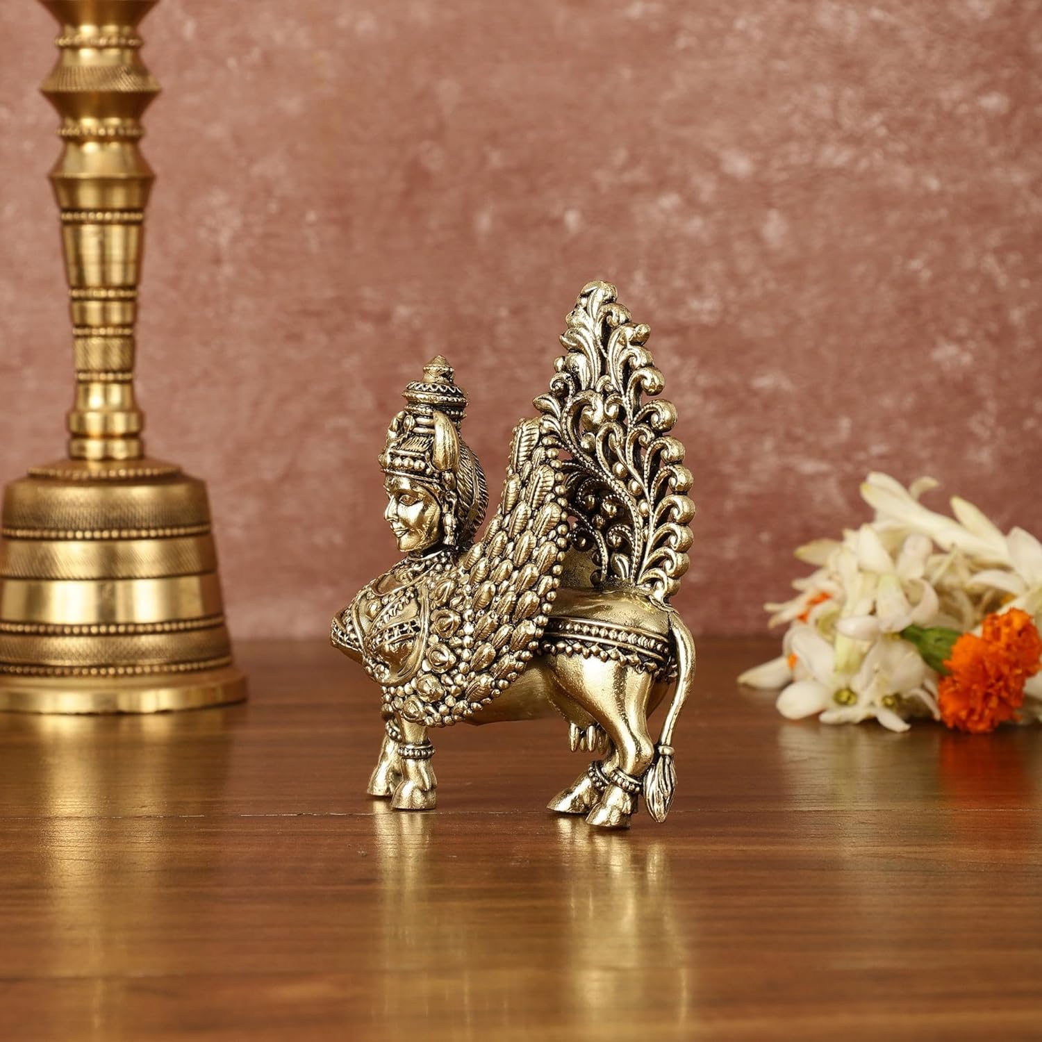 Kamdhenu Cow with Calf Statue in Brass, 12 CM Holy Cow Idol, Showpiece for Home Decor, Handmade Divine Cow, The Cow of Wishes & Desires