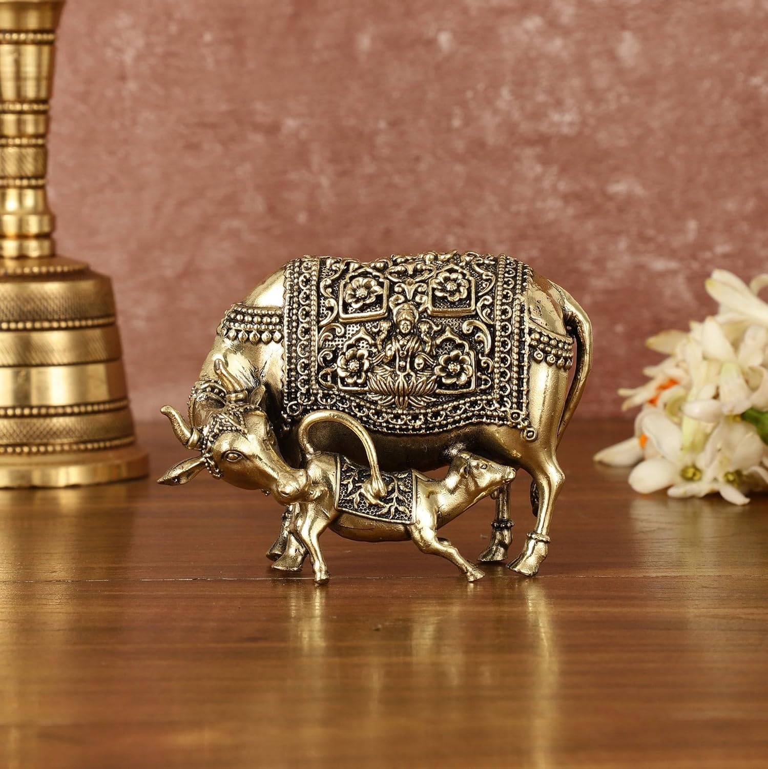 Kamdhenu Cow with Calf Statue in Brass, 10 CM Holy Cow Idol, Showpiece for Home Decor, Handmade Divine Cow, The Cow of Wishes & Desires