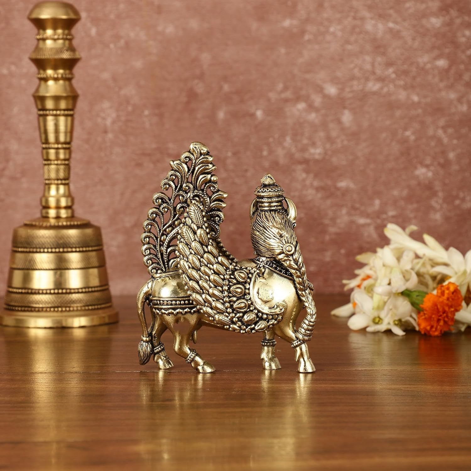 Kamdhenu Cow with Calf Statue in Brass, 12 CM Holy Cow Idol, Showpiece for Home Decor, Handmade Divine Cow, The Cow of Wishes & Desires