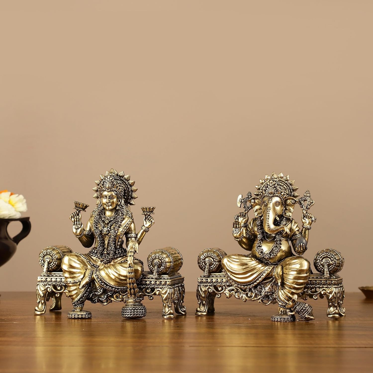 Shivaji Arts Lakshmi Ganesh Statue, 5.5 Inches Brass Ganesha Lakshmi Idols, Laxmi Ganesha Murti, Hindu Gods Statue for Diwali Puja.
