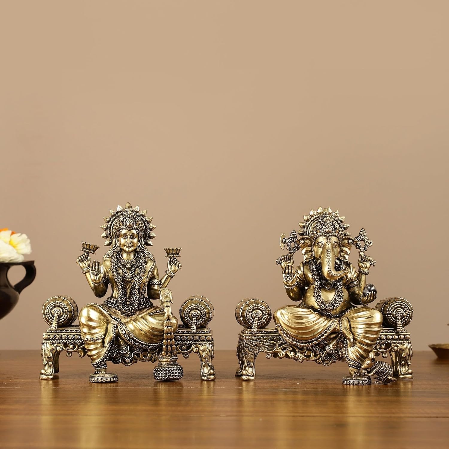 Shivaji Arts Lakshmi Ganesh Statue, 5.5 Inches Brass Ganesha Lakshmi Idols, Laxmi Ganesha Murti, Hindu Gods Statue for Diwali Puja.