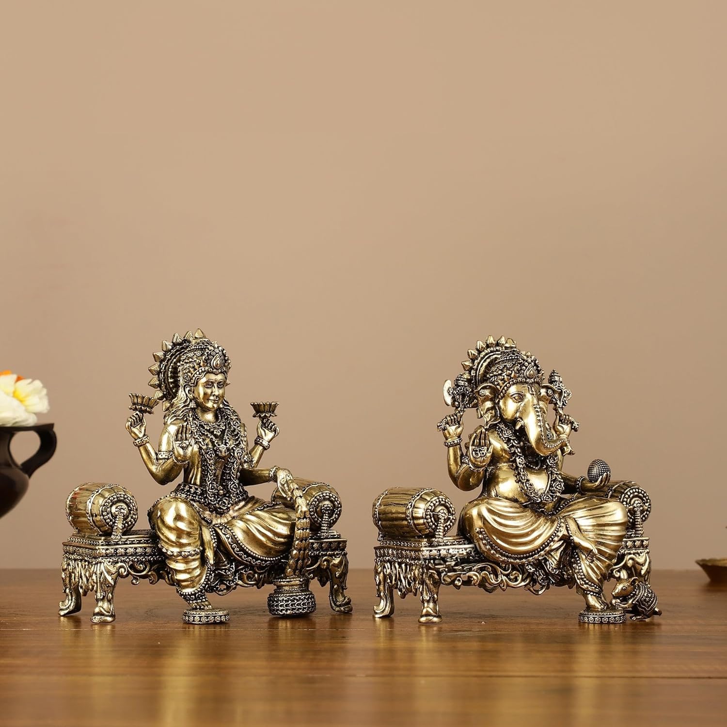 Shivaji Arts Lakshmi Ganesh Statue, 5.5 Inches Brass Ganesha Lakshmi Idols, Laxmi Ganesha Murti, Hindu Gods Statue for Diwali Puja.