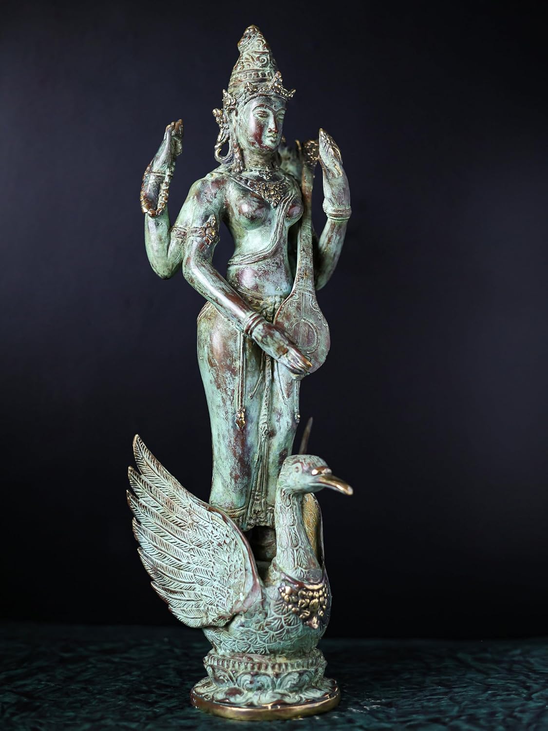 Shivaji Arts Bronze Standing Saraswati Statue with Swan Antique Sarswati Idol Playing Veena - 52 cm | Housewarming Gift | Diwali Gift | Beautiful Art Piece Home Altar Decor.