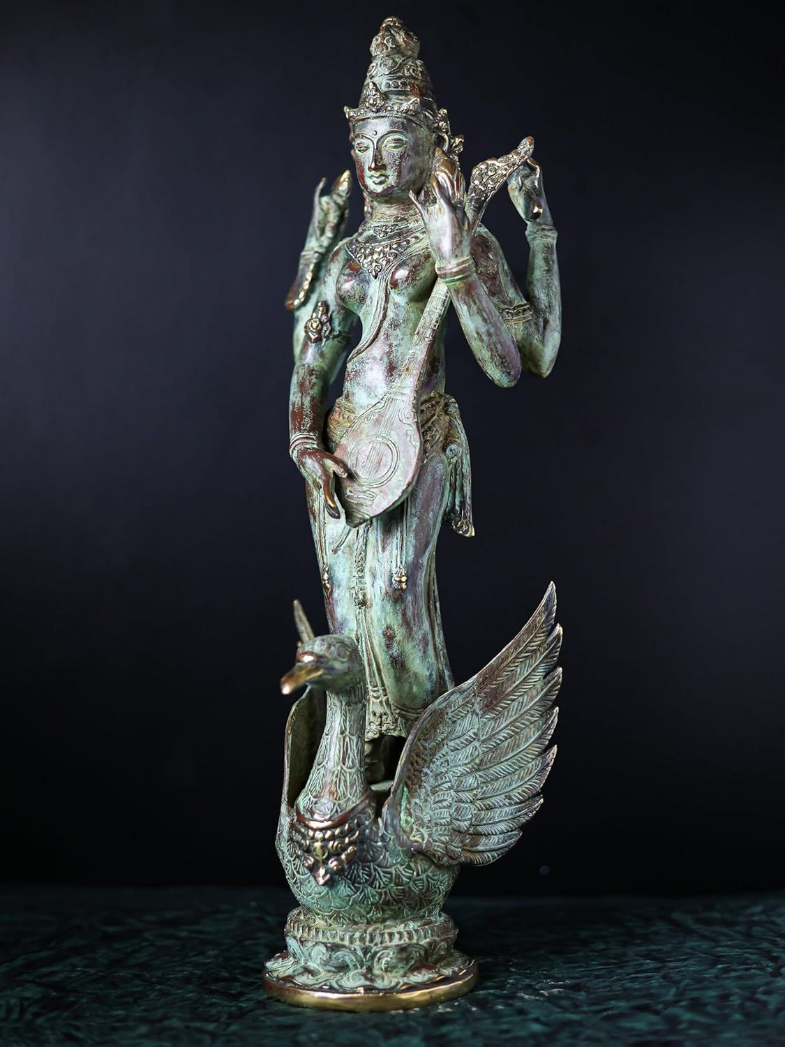 Shivaji Arts Bronze Standing Saraswati Statue with Swan Antique Sarswati Idol Playing Veena - 52 cm | Housewarming Gift | Diwali Gift | Beautiful Art Piece Home Altar Decor.