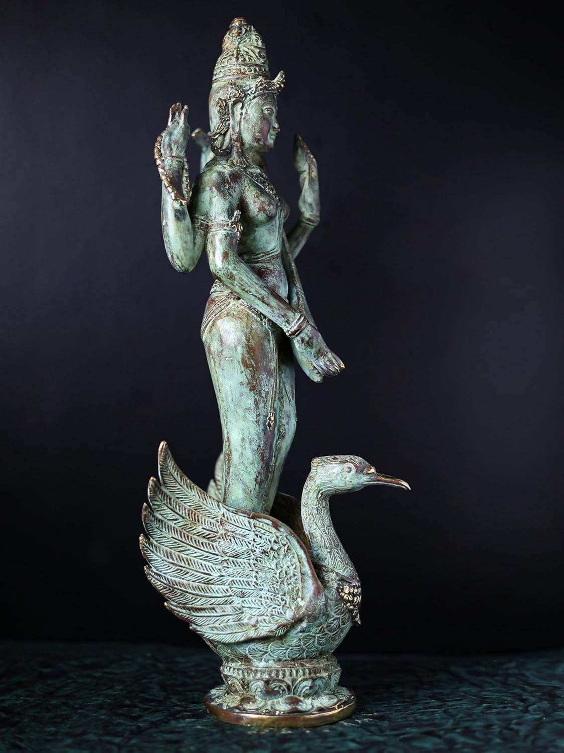 Shivaji Arts Bronze Standing Saraswati Statue with Swan Antique Sarswati Idol Playing Veena - 52 cm | Housewarming Gift | Diwali Gift | Beautiful Art Piece Home Altar Decor.