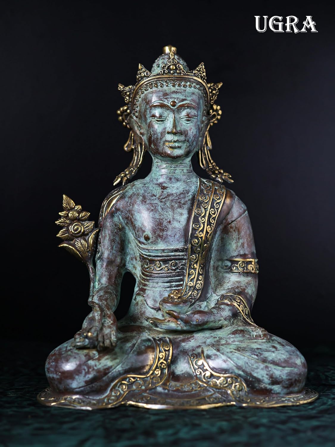 Shivaji Arts Bronze Crown Buddha Statue – 34 CM Abhaya Mudra Buddha Idol for Meditation, Temple Altar, and Yoga Studio Decor | Antique Fearless Shakyamuni Buddha Sculpture