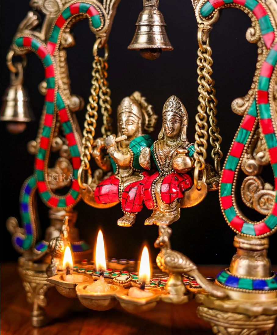 Brass Radha Krishna Statue on Swing– Divine Love, Jhula Radha Krishna Idol, Wedding Gift